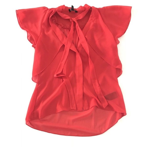 Bebe | Women Size XS Ruffle Button Up Asymmetrical Shirt Neck Tie Cap Sleeve Red - Picture 1 of 12